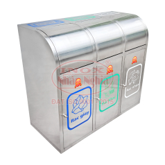 THÙNG PHÂN LOẠI RÁC INOX 3 HỘC NĂP VÒM